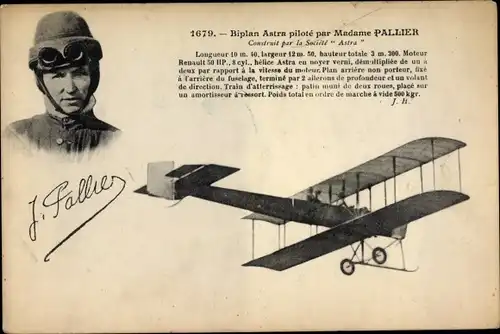 Ak Biplan Astra pilote par Madame Pallier, Doppeldecker, Pilotin