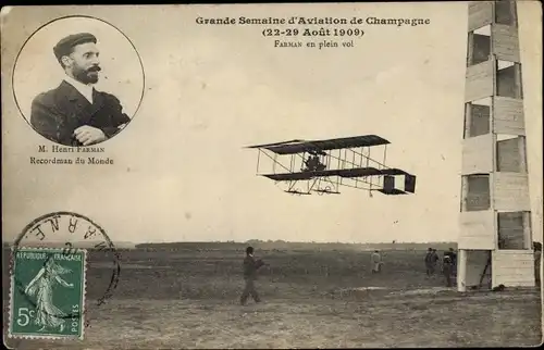 Ak Grande Semaine d'Aviation de Champagne, 22-29 Août 1909, Henri Farman en plein vol