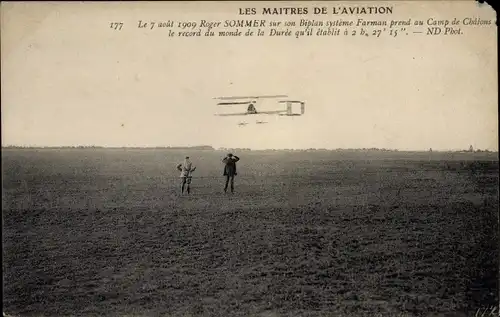 Ak Les Maitres de l'Aviation, Roger Sommer sur Biplan systeme Farman 1909