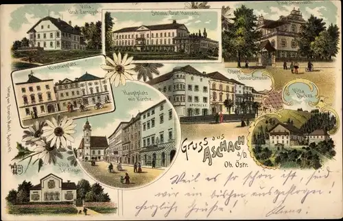 Litho Aschach an der Donau Oberösterreich, Villa Duckes, Donaustraße, Kirchenplatz, Kirche
