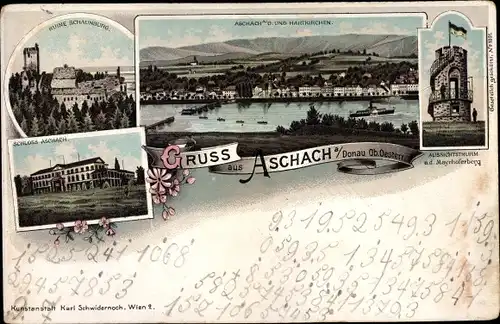 Litho Aschach an der Donau in Oberösterreich, Aussichtsturm, Blick auf den Ort, Schloss, Ruine