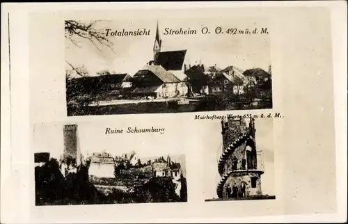 Foto Ak Stroheim in Oberösterreich, Blick auf den Ort, Aussichtsturm, Ruine Schaumburg