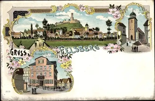 Litho Felsberg in Hessen, Felsburg, Kirche, Restaurant zur Krone, Inh. W. Richter