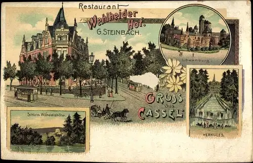 Litho Kassel in Hessen, Restaurant Wehlheider Hof, Löwenburg, Herkules, Schloss Wilhelmshöhe