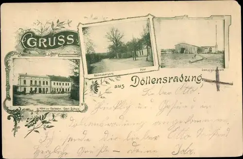 Ak Nowiny Wielkie Döllensradung Ostbrandenburg, Hotel zur Ostbahn, Bahnübergang, Post, Dampfsägewerk