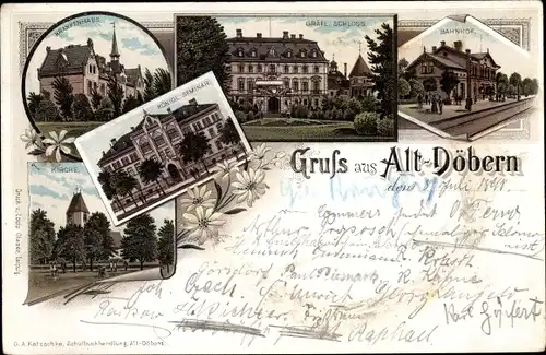 Litho Altdöbern in der Niederlausitz, Krankenhaus, Gräfl. Schloss, Bahnhof, Seminar, Kirche