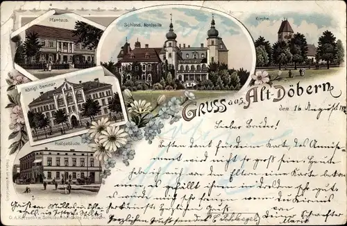 Litho Altdöbern in der Niederlausitz, Pfarrhaus, Schloss, Kirche, Kgl. Seminar, Postgebäude