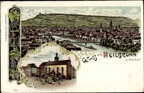 Litho Heilbronn am Neckar, Panorama, Kath. Kirche, Pfarrhaus