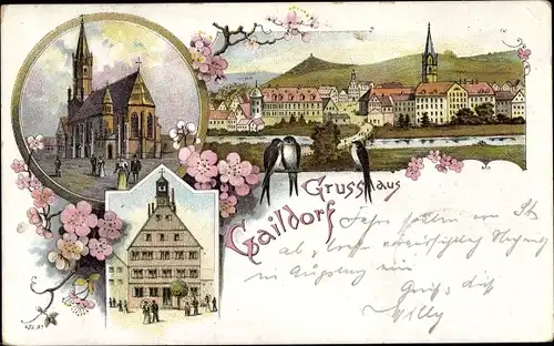 Litho Gaildorf am Kocher in Baden Württemberg, Kirche, Panorama, Schwalben