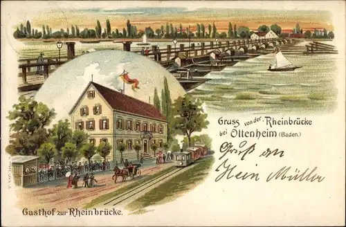 Litho Ottenheim Schwanau in Baden, Gasthof zur Rheinbrücke, Bes. August Ehinger