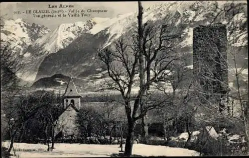 Ak Le Glaizil Hautes Alpes, Vallee du Champsaur, Vue generale et la Vieille Tour