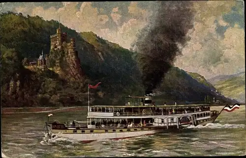 Künstler Ak Pützenhofen, Paul, Dampfschiff auf dem Rhein, Salondampfer vor Burg Rheinstein