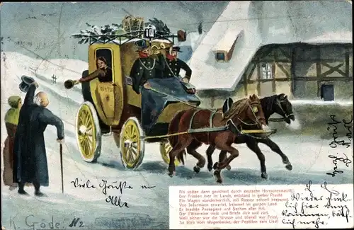 Künstler Ak Gröde, K., Postkutsche im Schnee, Postillon