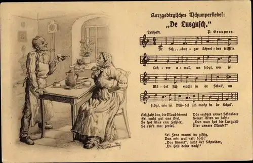 Künstler Lied Ak P. Graupner, De Lusgusch, Erzgebirge, Ehepaar am Tisch