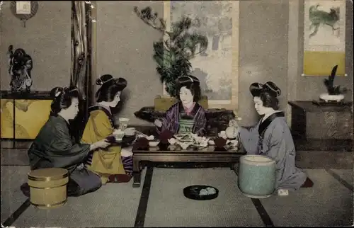 Ak Frauen in japanischer Tracht, Am Teetrinken, Bilder