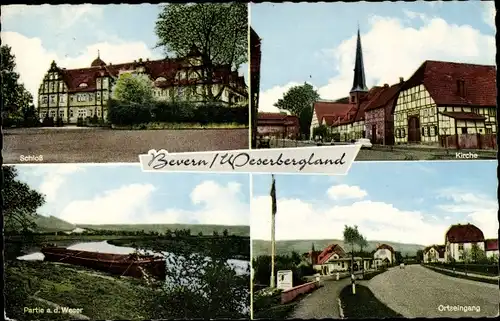 Ak Bevern im Weserbergland, Schloss, Kirche, Partie a. d. Weser, Ortseingang, Fachwerkhäuser