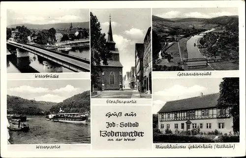 Ak Bodenwerder an der Weser, Straßenpartie, Brücke, Münchhausens Geburtshaus