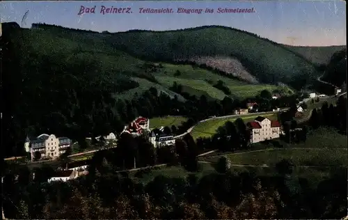 Ak Duszniki Zdrój Bad Reinerz Schlesien, Teilansicht vom Ort, Eingang ins Schmelzetal, Wald