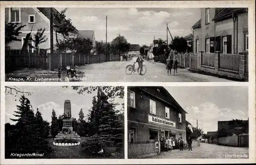 Ak Kraupa Bad Liebenwerda in Brandenburg, Dorfstraße, Kolonialwarenhandlung, Kriegerdenkmal