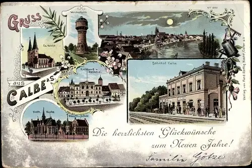 Litho Calbe an der Saale im Salzlandkreis, Stadtansichten, Kirche, Bahnhof, Gleisseite, Rathaus