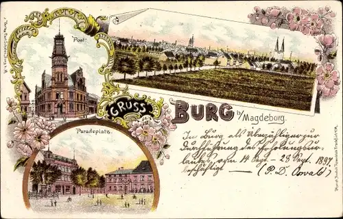 Litho Burg bei Magdeburg, Post, Panorama von der Ortschaft, Paradeplatz