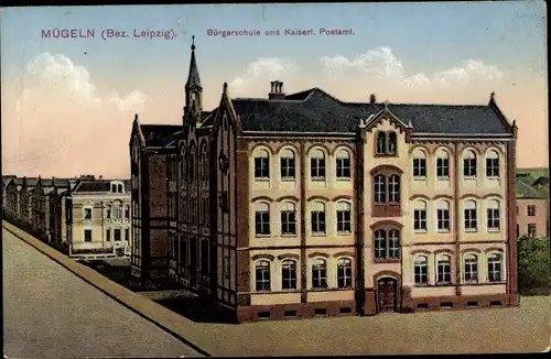 Ak Mügeln in Sachsen, Bürgerschule, Kaiserliches Postamt