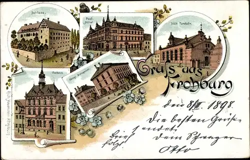 Litho Frohburg Sachsen, Post Hotel, Schloss, Amtsgericht, Rathaus, Turnhalle