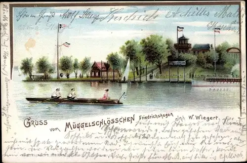 Litho Berlin Köpenick Friedrichshagen, Restaurant Müggelschlösschen, Inh. W. Wiegert, Ruderboot