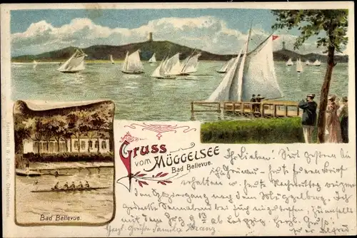 Litho Berlin Köpenick Friedrichshagen, Bad Bellevue, Segelboote auf dem Müggelsee