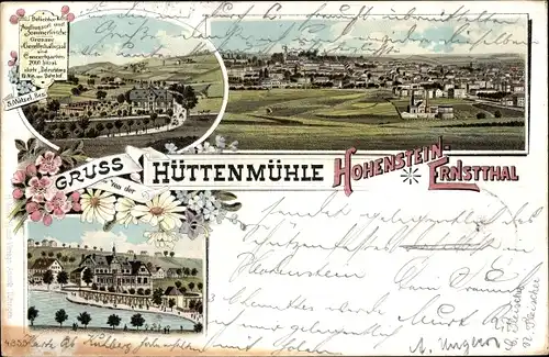 Litho Hohenstein Ernstthal Sachsen, Gasthaus Hüttenmühle, Totalansicht der Stadt