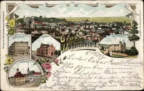 Litho Hohenstein Ernstthal in Sachsen, Bad, Bahnhof, Marktplatz, Hotel Drei Schwanen, Totalansicht