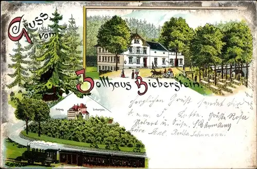 Litho Bieberstein Reinsberg in Sachsen, Gasthof Zollhaus Bieberstein, Schloss, Eisenbahn