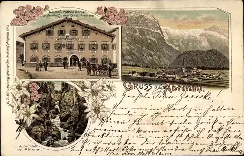 Litho Abtenau Salzburg, Aubachfall, Gasthof zum roten Ochsen