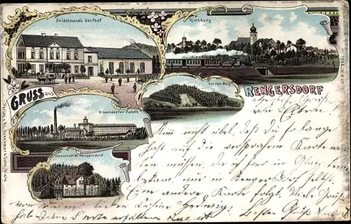 Litho Krosnowice Rengersdorf Niederschlesien, Kirchberg, Seidelmanns Gasthof, Eisersdorfer Fabrik