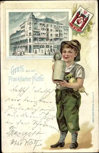 Litho Berlin Friedrichshain, Frankfurter Hütte, Junge mit Bierkrug, Frankfurter Straße, Krautstraße