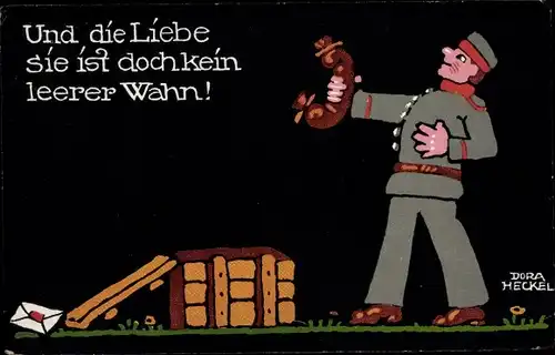 Künstler Ak Heckel, Dora, Und die Liebe sie ist dich kein leerer Wahn, Soldat mit Wurst