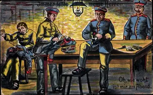 Künstler Ak Soldaten beim Nähen und Schuhe putzen, Soldatenleben