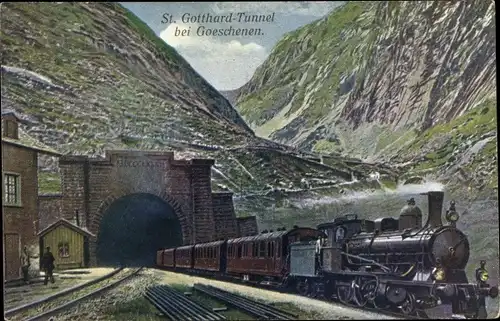 Ak Göschenen Kanton Uri, St. Gotthard Tunnel, Schweizer Eisenbahn, Dampflok