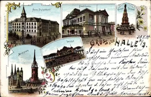 Litho Halle an der Saale, Marktplatz, Neues Postgebäude, Stadttheater, Kriegerdenkmal, Bahnhof