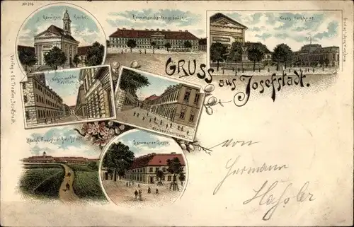 Litho Josefov Josefstadt Jaroměř Region Königgrätz, Rathaus, Kommandantengebäude, Garnisonkirche
