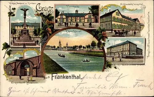 Litho Frankenthal in Rheinland Pfalz, Turnhalle, Taubstummenanstalt, Erkenbert Museum, Hospital