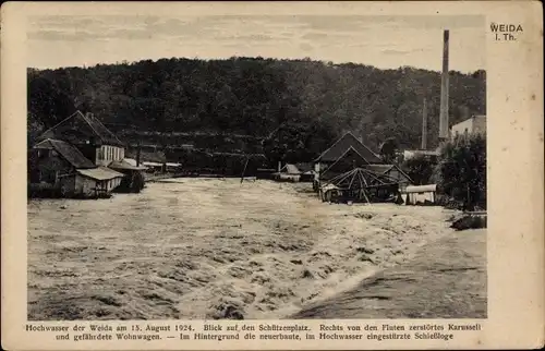 Ak Weida in Thüringen, Hochwasser 1924, Schützenplatz, zerstörtes Karussell, Schießloge