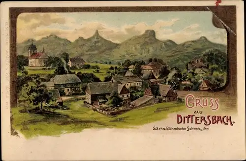 Künstler Litho Spindler, Erwin, Jetřichovice Dittersbach Reg Aussig, Ortschaft mit Landschaftsblick