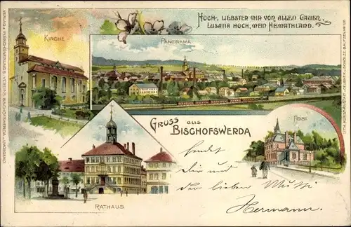 Litho Bischofswerda im Kreis Bautzen, Kirche, Rathaus, Post, Panorama