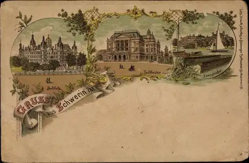 Litho Schwerin in Mecklenburg Vorpommern, Hoftheater, Schloss, Seepartie