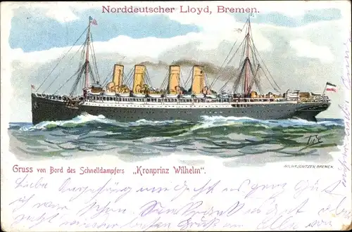 Künstler Litho Dampfschiff Kronprinz Wilhelm, Norddeutscher Lloyd Bremen