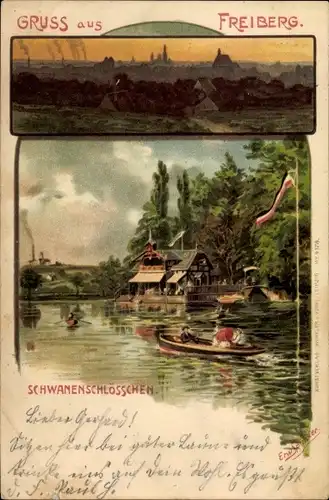 Künstler Litho Spindler, Erwin, Freiberg in Sachsen, Gasthaus Schwanenschlösschen, Totale