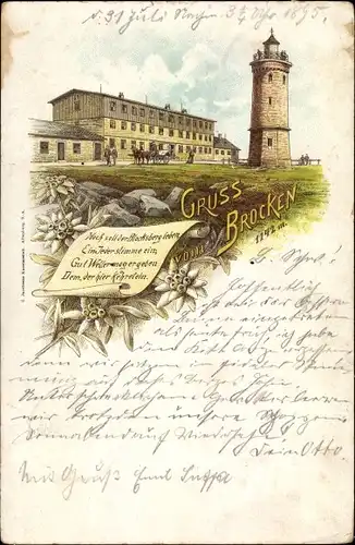 Vorläufer Litho Brocken Nationalpark Harz, Brockenhotel, Aussichtsturm, 1895