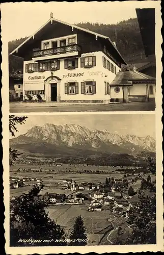 Ak Wallgau Oberbayern, Gasthaus zur Klause, Panorama mit Wetterstein