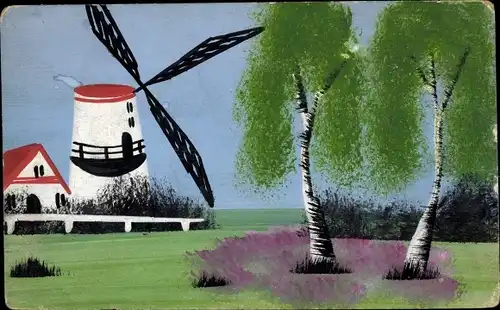 Handgemalt Ak Landschaft mit Windmühle